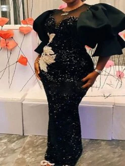 Women‘s Plus Size Curve Party Dress Leaf Crew Neck Sequins 3/4 Length Sleeve Spring Fall Stylish Elegant Prom Dress Maxi Long Dress Formal Party Dress Sequin Dress Mesh -Cheap Plus Fit Dress Store xuizkh1663060573517