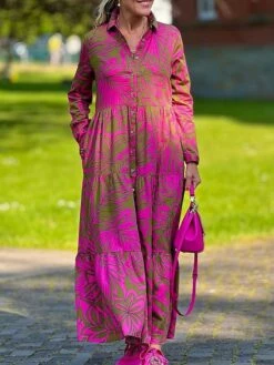 Women's Shirt Dress Casual Dress Swing Dress Maxi Long Dress Outdoor Daily Vacation Satin Fashion Modern Shirt Collar Button Print Long Sleeve Spring Fall 2023 Loose Fit Dark Pink Floral S M L XL 2XL
