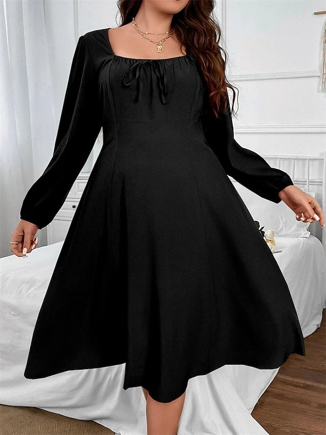 Women‘s Plus Size Curve Party Dress Cocktail Dress Wedding Guest Dress Black Dress Midi Dress Long Sleeve Pure Color Ruched Spring Fall Winter Square Neck Fashion Birthday Wedding Guest Vacation 4 Women‘s Plus Size Curve Party Dress Cocktail Dress Wedding Guest Dress Black Dress Midi Dress Long Sleeve Pure Color Ruched Spring Fall Winter Square Neck Fashion Birthday Wedding Guest Vacation - Image 4
