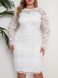 Women‘s Plus Size Curve Party Dress Lace Dress Sheath Dress Solid Color Midi Dress Long Sleeve Lace Crew Neck Modern Party White Summer Spring XL XXL 3XL 4XL 5XL -Cheap Plus Fit Dress Store xuowrp1678868084280