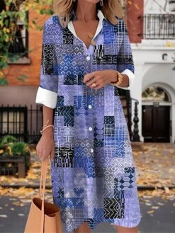 Women's Shirt Dress Casual Dress Midi Dress Outdoor Daily Date Polyester Fashion Modern Shirt Collar Button Pocket Long Sleeve Fall Winter 2023 Loose Fit Yellow Pink Blue Geometric Color Block Tribal -Cheap Plus Fit Dress Store xuvzfw1697510551071