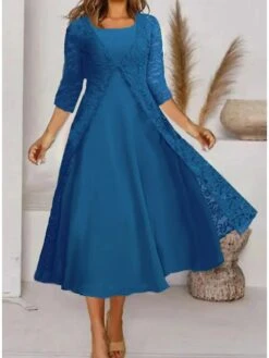 Women's Dress Set Two Piece Dress A Line Dress Midi Dress Royal Blue 3/4 Length Sleeve Pure Color Lace Winter Fall Autumn Crew Neck Stylish 2023 S M L XL XXL 3XL