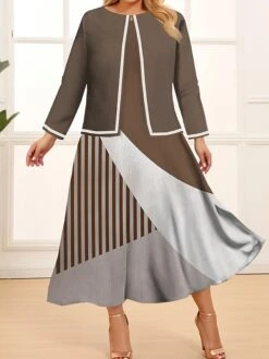 Women's Plus Size Curve Two Piece Dress Set Casual Dress Swing Dress Outdoor Office Fashion Streetwear Print Midi Dress Crew Neck Long Sleeve Geometric Color Block Wine Blue Khaki Spring Fall L -Cheap Plus Fit Dress Store xvykxf1691723056422