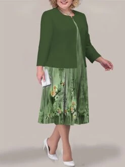 Women's Plus Size Curve Two Piece Dress Set Casual Dress Print Dress Outdoor Office Fashion Streetwear Print Midi Dress Crew Neck Long Sleeve Floral Black Light Green Blue Fall Winter L XL XXL