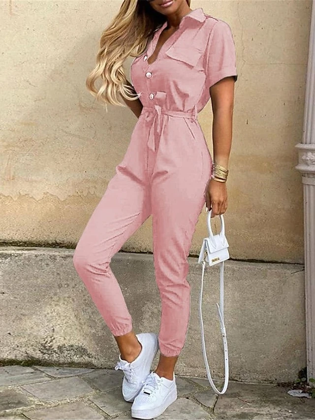 Women's Jumpsuits Casual Summer Button Solid Color Shirt Collar Streetwear Daily Vacation Regular Fit Short Sleeve Pink Wine Navy Blue S M L 6 Women's Jumpsuits Casual Summer Button Solid Color Shirt Collar Streetwear Daily Vacation Regular Fit Short Sleeve Pink Wine Navy Blue S M L - Image 6