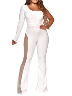 Women's Jumpsuit Mesh Sequin Color Block V Neck Casual Party Work See Through Regular Fit Long Sleeve White Black S M L Fall -Cheap Plus Fit Dress Store xwdyxx1647593962501