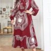 Women's Plus Size Work Dress Swing Dress Semi Formal Dress Fashion Long Dress Maxi Dress Lace Up Print V Neck Long Sleeve Ombre Regular Fit Wine Fall Winter L XL XXL 3XL 4XL