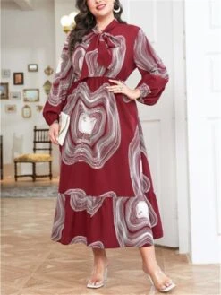 Women's Plus Size Work Dress Swing Dress Semi Formal Dress Fashion Long Dress Maxi Dress Lace Up Print V Neck Long Sleeve Ombre Regular Fit Wine Fall Winter L XL XXL 3XL 4XL
