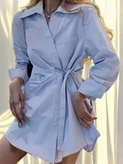 Women's Shirt Dress Casual Dress Mini Dress Outdoor Daily Vacation Polyester Fashion Modern Shirt Collar Lace Up Button Long Sleeve Spring Fall Winter 2023 Loose Fit Sky Blue Plain S M L XL 2XL