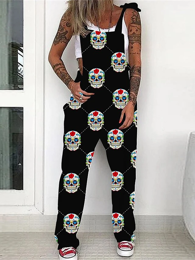 Women's Overall Halloween Skeleton Pocket Print Floral Square Neck Streetwear Daily Vacation Regular Fit Sleeveless Black White Yellow S M L Summer 3 Women's Overall Halloween Skeleton Pocket Print Floral Square Neck Streetwear Daily Vacation Regular Fit Sleeveless Black White Yellow S M L Summer - Image 3
