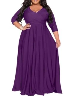 Women‘s Plus Size Curve Party Dress Pure Color V Neck 3/4 Length Sleeve Fall Spring Elegant Maxi Long Dress Party Evening Party Dress -Cheap Plus Fit Dress Store xwvfyv1672020373820