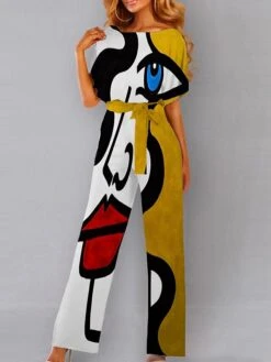 Women's Jumpsuit Drawstring Print Geometric Crew Neck Ordinary Daily Vacation Straight Loose Fit Short Sleeve T-shirt Sleeve White Yellow Pink S M L All Seasons 6 Women's Jumpsuit Drawstring Print Geometric Crew Neck Ordinary Daily Vacation Straight Loose Fit Short Sleeve T-shirt Sleeve White Yellow Pink S M L All Seasons -Cheap Plus Fit Dress Store xxjici1686108821003