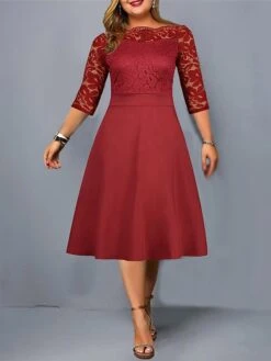 Women‘s Plus Size Curve Party Dress Solid Color Off Shoulder Lace Half Sleeve Summer Spring Elegant Formal Midi Dress Party Cocktail Party Dress -Cheap Plus Fit Dress Store xxjpvh1671609793328