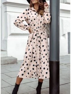 Women's Sheath Dress Midi Dress Black Yellow Light Brown Long Sleeve Polka Dot Split Winter Fall Autumn Shirt Collar Winter Dress Fall Dress Loose Fit S M L XL XXL -Cheap Plus Fit Dress Store xxwmdm1616744409274