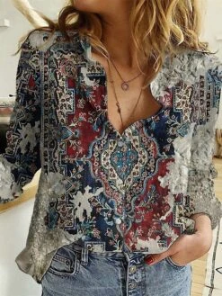 Women's Shirt Blouse Red Graphic Button Print Long Sleeve Casual Daily Basic Shirt Collar Regular Fit Spring Fall