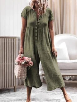 Women's Jumpsuit Button Solid Color Shirt Collar Casual Daily Vacation Regular Fit Short Sleeve Army Green Blue Purple S M L Summer