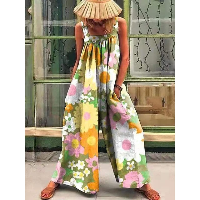 Jumpsuits For Women Summer Print Floral Strap Ordinary Straight Regular Fit Sleeveless Green Blue M L XL Spring 2 Jumpsuits For Women Summer Print Floral Strap Ordinary Straight Regular Fit Sleeveless Green Blue M L XL Spring - Image 2