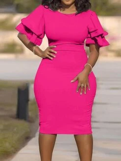 Women‘s Plus Size Curve Work Dress Bodycon Sheath Dress Solid Color Midi Dress Short Sleeve Ruffle Crew Neck Fashion Office Black White Summer Spring XL XXL 3XL 4XL 5XL -Cheap Plus Fit Dress Store xyhxzc1677650842227