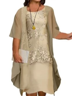 Women‘s Plus Size Curve Two Piece Dress Floral Crew Neck Print Half Sleeve Fall Spring Work Casual Knee Length Dress Casual Daily Dress -Cheap Plus Fit Dress Store xzcakw1649760963806