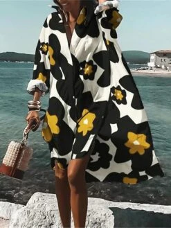 Women's Shirt Dress Casual Dress Swing Dress Mini Dress Outdoor Daily Vacation Polyester Fashion Casual Shirt Collar Button Print Long Sleeve Summer Spring Fall 2023 Loose Fit Yellow Floral S M L XL