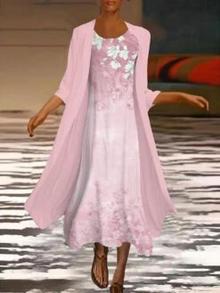 Women‘s Dress Set Two Piece Dress Midi Dress Green Blue Purple Pink White Long Sleeve Floral Ruched Print Summer Spring Fall Crew Neck Elegant Casual Classic 2023 S M L XL XXL 3XL / Summer Dress -Cheap Plus Fit Dress Store xzmomm1645410285561