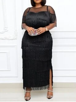 Women‘s Plus Size Curve Prom Dress Party Dress Fringe Dress Long Dress Maxi Dress Black Blue Short Sleeve Pure Color Tassel Fringe Summer Spring Fall Crew Neck Fashion Wedding Guest Vacation -Cheap Plus Fit Dress Store xzqynj1690945391863