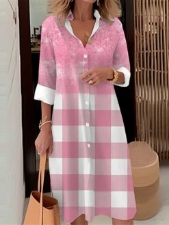 Women's Shirt Dress Casual Dress Midi Dress Outdoor Office Daily Polyester Fashion Modern Shirt Collar Button Pocket Long Sleeve Fall Winter 2023 Loose Fit Pink Sky Blue Orange Plaid Ombre S M L XL