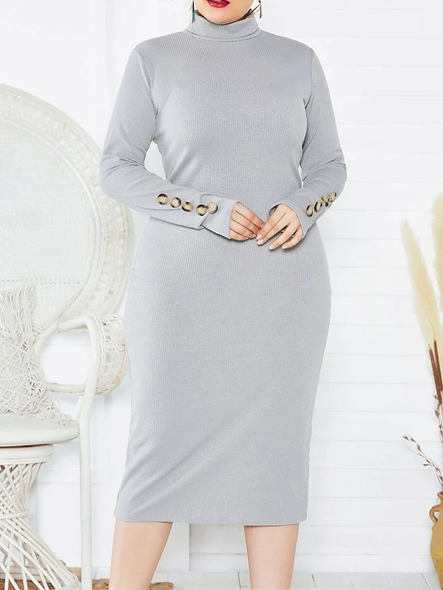 Women's Plus Size Curve Casual Dress Sweater Dress Bodycon Plain Midi Dress Long Sleeve Button Turtleneck Fashion Outdoor Wine Dark Blue Fall Winter XL XXL 3XL 4XL 5XL 2 Women's Plus Size Curve Casual Dress Sweater Dress Bodycon Plain Midi Dress Long Sleeve Button Turtleneck Fashion Outdoor Wine Dark Blue Fall Winter XL XXL 3XL 4XL 5XL - Image 2