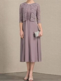 Women's Two Piece Dress Set Party Dress Lace Dress Party Outdoor Fashion Streetwear Lace Patchwork Midi Dress Crew Neck 3/4 Length Sleeve Plain Regular Fit Purple Fall Winter S M L XL XXL