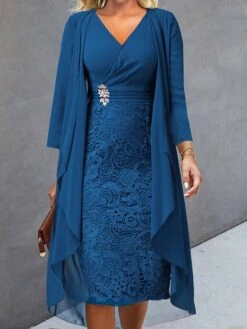Women's Two Piece Dress Set Casual Dress Lace Dress Outdoor Daily Fashion Elegant Lace Patchwork Midi Dress V Neck Long Sleeve Plain Regular Fit Wine Blue Sky Blue Fall Winter S M L XL XXL -Cheap Plus Fit Dress Store yaqcyr1694057201216