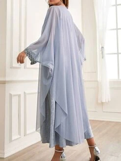 Women's Two Piece Dress Set Party Dress Sheath Dress Party Wedding Guest Fashion Party Embroidered Long Dress Maxi Dress Crew Neck Long Sleeve Print Regular Fit Gray Fall Winter S M L XL -Cheap Plus Fit Dress Store yausid1695105967209