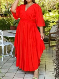 Women‘s Plus Size Curve Holiday Dress Solid Color V Neck Half Sleeve Fall Spring Basic Maxi Long Dress Date Vacation Dress