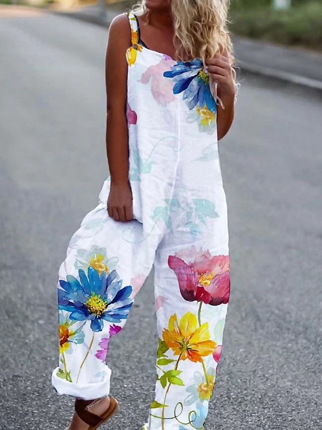 Women's Overall Print Floral Square Neck Casual Daily Vacation Harem Loose Fit Sleeveless White Yellow Light Green S M L Summer 2 Women's Overall Print Floral Square Neck Casual Daily Vacation Harem Loose Fit Sleeveless White Yellow Light Green S M L Summer - Image 2