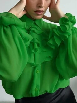Women's Shirt Blouse Green Plain Button Long Sleeve Casual Fashion Shirt Collar Regular Fit Petal Sleeve Spring &Fall -Cheap Plus Fit Dress Store ybuqqg1697107245104