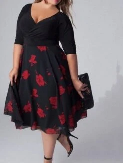 Women‘s Plus Size Curve Casual Dress Swing Dress Floral Midi Dress Half Sleeve Patchwork Print V Neck Classic Daily Black White Spring Fall L XL 3XL 4XL 5XL