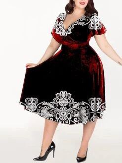 Women‘s Plus Size Curve Casual Dress A Line Dress Graphic Midi Dress Short Sleeve Print V Neck Elegant Holiday Black White Summer Spring L XL XXL 3XL 4XL -Cheap Plus Fit Dress Store ycovib1679394262468