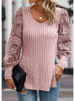 Women's Shirt Blouse Pink Plain Lace Long Sleeve Casual Fashion V Neck Regular Fit Fall & Winter -Cheap Plus Fit Dress Store ycpxeg1697800621324