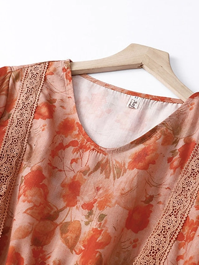 Women's Casual Dress Cotton Linen Dress Swing Dress Midi Dress Polyester Daily Casual Outdoor Daily Vacation Crew Neck Print 3/4 Length Sleeve Fall Autumn 2023 Loose Fit Orange Floral M L XL 2XL 2 Women's Casual Dress Cotton Linen Dress Swing Dress Midi Dress Polyester Daily Casual Outdoor Daily Vacation Crew Neck Print 3/4 Length Sleeve Fall Autumn 2023 Loose Fit Orange Floral M L XL 2XL - Image 2