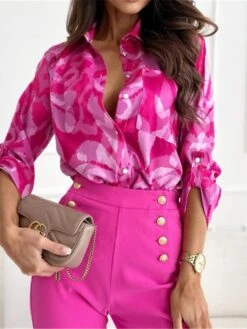 Women's Shirt Blouse Pink Red Blue Graphic Print Print Long Sleeve Work Casual Daily Elegant Neon & Bright Shirt Collar Form Fit Spring Fall -Cheap Plus Fit Dress Store ycwkts1677666267097