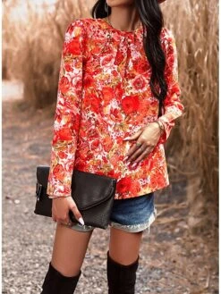 Women's Shirt Blouse Black Red Blue Graphic Floral Print Long Sleeve Casual Holiday Fashion Round Neck Regular Fit Floral Spring &Fall -Cheap Plus Fit Dress Store ycyvpn1694084754626
