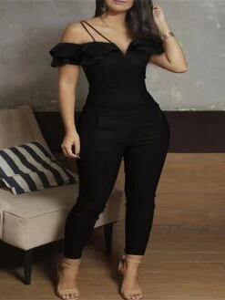 Women's Jumpsuit Pocket High Waist Solid Color Off Shoulder Elegant Party Cocktail Party Regular Fit Short Sleeve Black S M L Spring