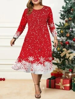 Women's Christmas Plus Size Curve Casual Dress Skater Dress A Line Dress Christmas Tree Snowflake Midi Dress Long Sleeve Print Crew Neck Fashion Outdoor Black Wine Fall Winter L XL XXL 3XL 4XL -Cheap Plus Fit Dress Store ydldln1695350911161
