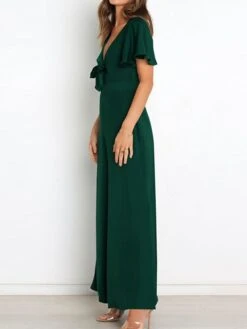 Women's Jumpsuit Ruffle Backless Solid Color V Neck Streetwear Street Daily Regular Fit Short Sleeve Green Wine Navy Blue S M L Spring / Bow -Cheap Plus Fit Dress Store ydlidu1647857553512