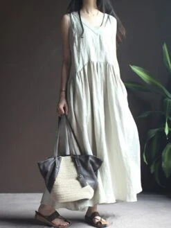 Women's Casual Dress Cotton Linen Dress Swing Dress Maxi Long Dress Cotton Blend Basic Casual Outdoor Vacation V Neck Pocket Sleeveless Summer Spring 2023 Regular Fit Navy Blue Apricot Pure Color M L -Cheap Plus Fit Dress Store yduvfd1677135422944