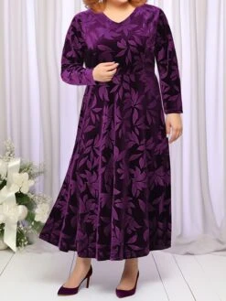 Women's Plus Size Party Dress Velvet Dress Cocktail Dress Midi Dress Black Wine Purple Long Sleeve Leaf Pocket Spring Fall Winter V Neck Fashion Winter Dress Wedding Guest Birthday Loose Fit 2023 XL -Cheap Plus Fit Dress Store yehbsu1692616915351