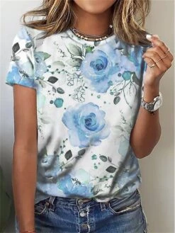 Women's T Shirt Tee Yellow Pink Blue Floral Print Short Sleeve Holiday Weekend Fashion Basic Elegant Round Neck Regular Fit Floral Painting -Cheap Plus Fit Dress Store yeidxe1690280311423