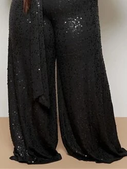 Women‘s Plus Size Jumpsuit Sparkly Curve Lace Up Sequin Solid Color V Neck Xmas Holiday Party Christmas Street Loose Fit Long Sleeve Black L XL XXL Fall -Cheap Plus Fit Dress Store yeiqli1694510075393