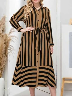 Women's Plus Size Curve Shirt Dress Casual Dress Midi Dress Outdoor Daily Vacation Polyester Fashion Classic Shirt Collar Lace Up Button Long Sleeve Spring Fall Winter Loose Fit Yellow Striped L XL -Cheap Plus Fit Dress Store yekbob1693210758749