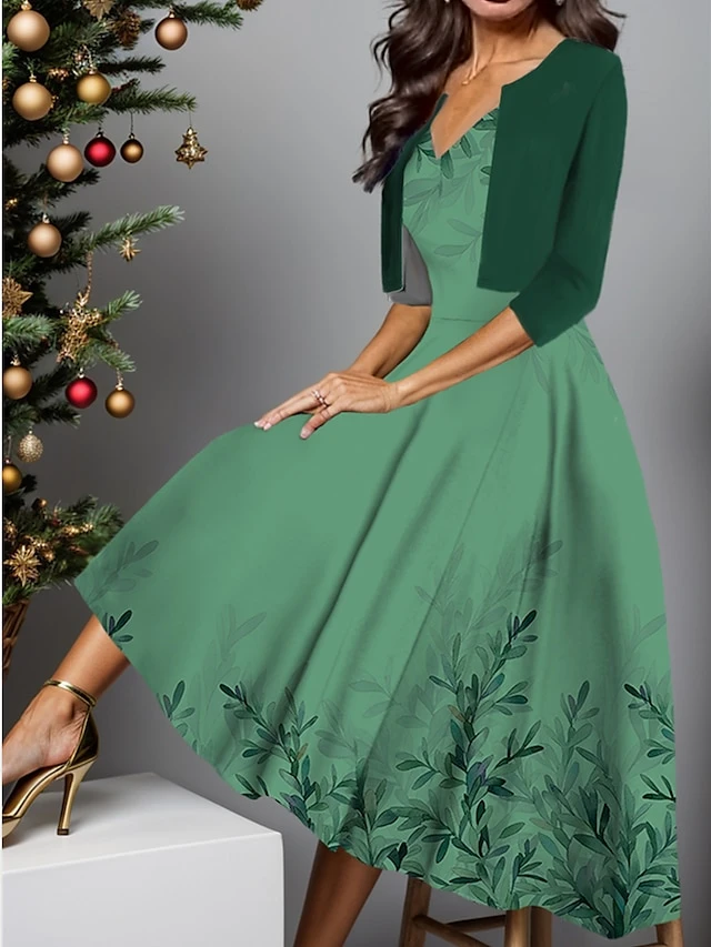 Women's Two Piece Dress Set Casual Dress Swing Dress Outdoor Daily Fashion Elegant Print Midi Dress V Neck Half Sleeve Floral Regular Fit Blue Purple Green Fall Winter S M L XL XXL 2 Women's Two Piece Dress Set Casual Dress Swing Dress Outdoor Daily Fashion Elegant Print Midi Dress V Neck Half Sleeve Floral Regular Fit Blue Purple Green Fall Winter S M L XL XXL - Image 2