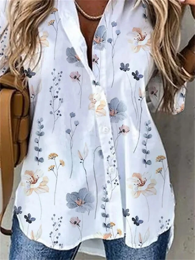 Women's Shirt Blouse White Yellow Blue Floral Button Print Long Sleeve Casual Holiday Daily Basic Shirt Collar Regular Fit Floral Fall & Winter 2 Women's Shirt Blouse White Yellow Blue Floral Button Print Long Sleeve Casual Holiday Daily Basic Shirt Collar Regular Fit Floral Fall & Winter - Image 2